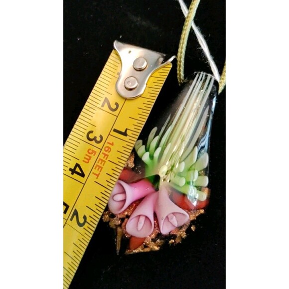 Murano Glass Green & Pink Pendant On Green Cord - Picture 3 of 4